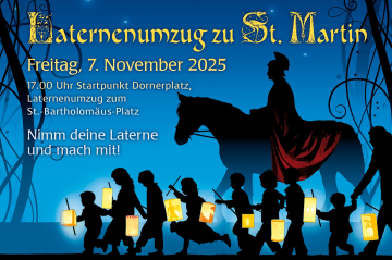 Pferd mit Reiter und Kinder mit Laternen